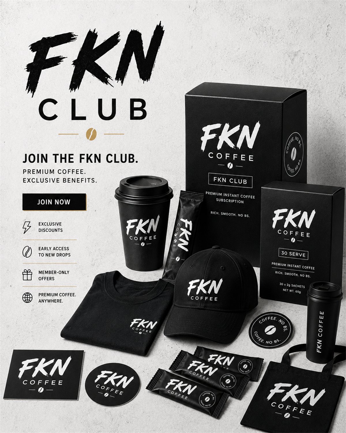 FKN Club — premium coffee, exclusive benefits. Member kit with coffee, cups, cap, tee and tote