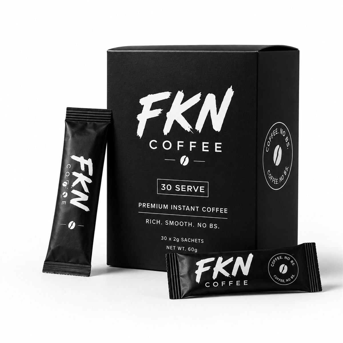 FKN Coffee 30-serve sachet box with two black sachets