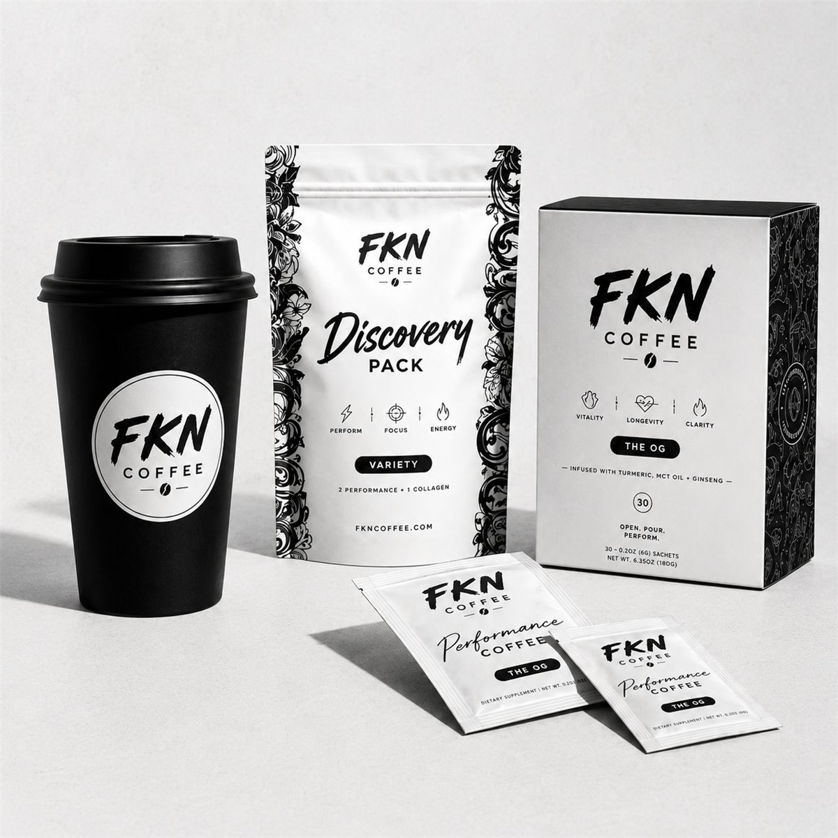 FKN Coffee Starter Kit — cup, discovery pack, sachet box and sachets